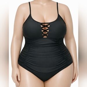 Plus-Size Black One-Piece Swimsuit with Lattice Front